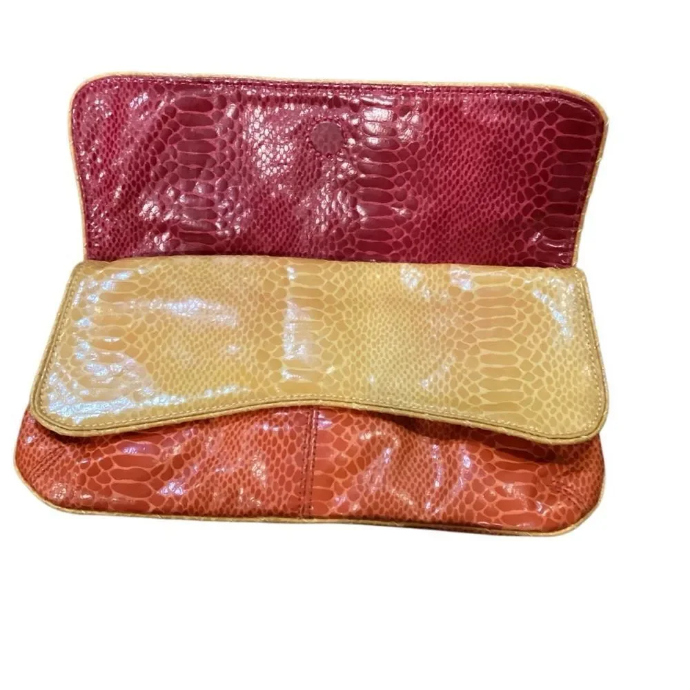 Nine West faux Snake Leather Color-block Fuchsia Yellow Orange Clutch Purse